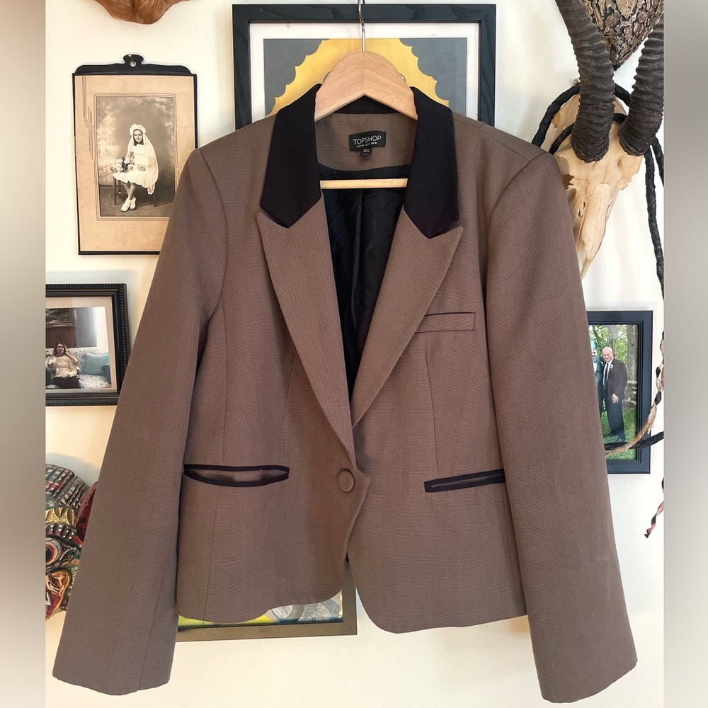 Topshop Military Cropped Blazer Army Green Contrasting Trim Structured Fit